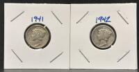 1941-D and 1942-S Mercury Dimes, 90% Silver, Adolph Weinman Design, Circulated