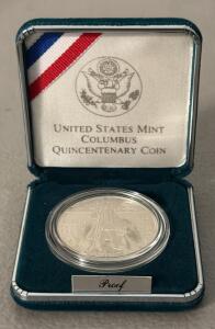 1992 Columbus Quincentenary Silver Proof Dollar, US Mint, Original Box & COA, 90% Silver