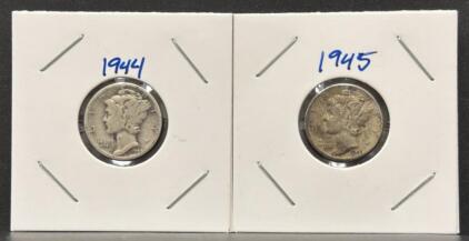 1944 & 1945 Mercury Dimes &ndash; 90% Silver, Liberty Head, Circulated, Set of 2 US Coins