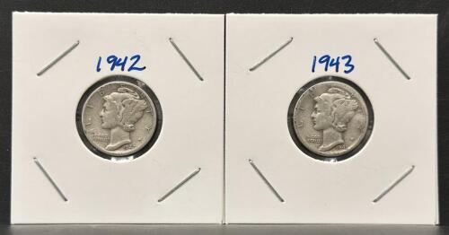 1942 & 1943 Mercury Dimes, 90% Silver, Philadelphia Mint