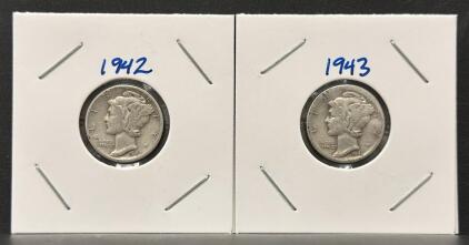 1942 & 1943 Mercury Dimes, 90% Silver, Philadelphia Mint