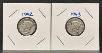 1942 & 1943 Mercury Dimes, 90% Silver, Philadelphia Mint
