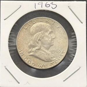 1963 Franklin Half Dollar, 90% Silver, Philadelphia Mint, Liberty Bell Design, US Coin