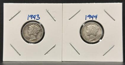 1943-S & 1944-S Mercury Dimes, 90% Silver Coins, San Francisco Mint, Circulated