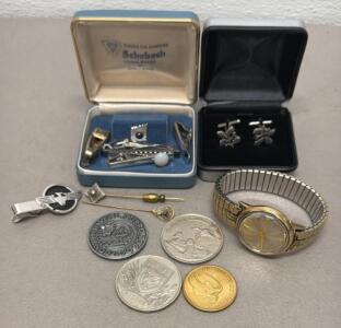 Vintage Bulova Gold-Tone Watch, Tie Clips, Cufflinks, Stick Pins, Collector Tokens Lot