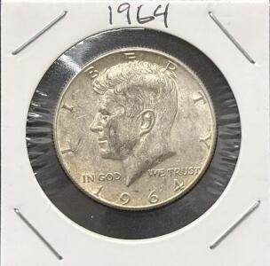 1964 Kennedy Half Dollar 90% Silver US Coin, Circulated, Cardboard 2x2 Holder