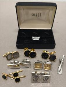 Vintage Swank Cufflinks and Tie Bar Set with Crocodile-Embossed Black Insets