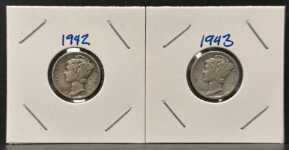 1942 Philadelphia and 1943-S Mercury Dimes, 90% Silver, Circulated, Adolph Weinman Design