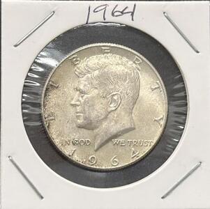 1964 Kennedy Half Dollar, 90% Silver, Philadelphia Mint, Circulated, in 2x2 Holder