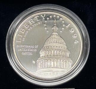 1994 U.S. Capitol Bicentennial Silver Dollar Proof Coin with Original Packaging and COA