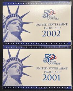2001 & 2002 U.S. Mint Proof Coin & 50 State Quarters Sets w/ Box & COA &ndash; 20 Coins Total