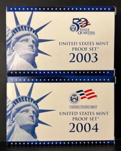 (20) Coin Total 2003 & 2004 US Mint Proof Sets with 10 State Quarters COA, Complete Packaging, Excellent Condition