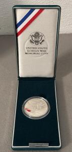 1991 Korean War Memorial Proof Silver Dollar, US Mint, 90% Silver, Original Box & COA