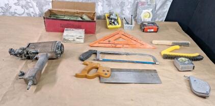 (1) Vintage Duo-Fast Pneumatic Nailer / Stapler, Assorted Senco & Bostitch Staples & Assorted Hand Tools