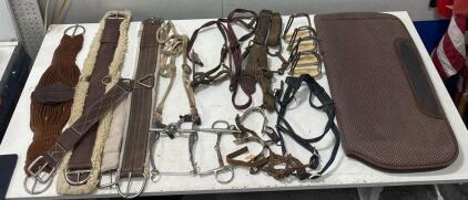 Large Lot of Western Horse Tack: Cinches, Stirrups, Bridles, Saddle Pad, Spurs, Bits, Leather Straps
