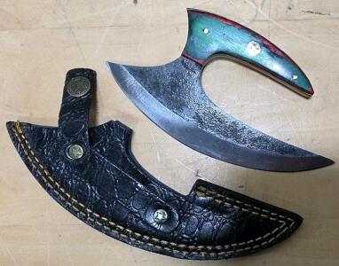 Handmade Ulu Style Knife, Forged Carbon Steel Blade, Laminated Wood Handle, Leather Sheath