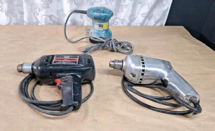 (1) Vintage Craftsman 3/8" Electric Drill, (1) Vintage Stanley 3/8" Electric Drill & (1) Makita Random Orbital Sander