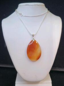 69.75ct Natural Yellow/Red Fire Agate Teardrop Pendant Necklace on 24" Chain