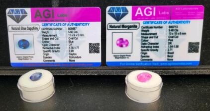 (2) Certified Natural Gemstones: 5.00ct Blue Sapphire Oval Faceted Cut Gematone & 9.40ct Pink Morganite Oval Faceted Cut Gemstone