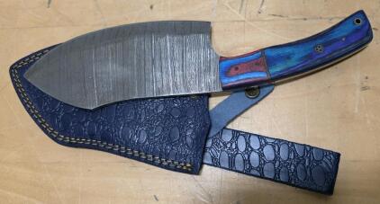 Custom Damascus Steel Cleaver Knife, Dyed Wood Handle, Leather Sheath, Mosaic Pins