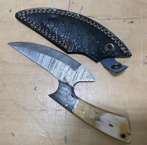 Custom Damascus Steel Fixed-Blade Knife with Bone Handle and Leather Sheath
