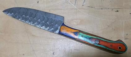Custom Damascus Steel Chef Knife with Multi-Colored Wooden Handle, 5.5" Blade, Full Tang