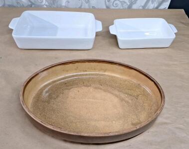 (1) Vintage 15" Oval Stoneware Baking Dish & (2) Prima Design White Ceramic Casserole Dishes, 8" x 11" & 6"x 9"