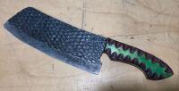 Custom Cleaver-Style Chef Knife, Forged Textured Blade, Green/Black Zigzag Resin Handle, Full Tang