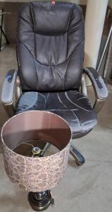 Executive Office Chair, Black Faux Leather, Heavy Wear + Metal Table Lamp with Patterned Fabric Shade