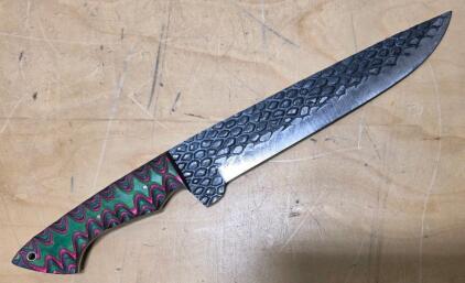 Custom Fixed-Blade Knife, 9" Hammered Blade, Full Tang, Patterned Micarta Handle, Straight Edge