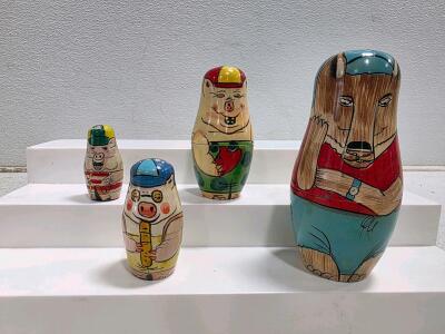 Three Little Pigs & Wolf Russian Matryoshka Nesting Doll Set, Hand-Painted, 4 Pieces, 7" Tall