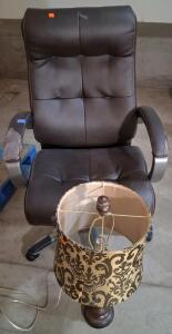 Executive Brown Office Chair, Faux Leather, Swivel Base & Table Lamp with Patterned Shade
