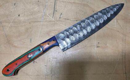 Custom Handmade Chef's Knife with Patterned Steel Blade and Multi-Colored Wood Handle