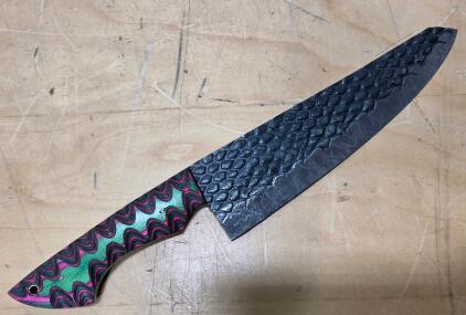 Custom Forged Chef&rsquo;s Knife, 8" Blade, Hammered Finish, Multicolored Resin Handle