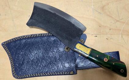 Hand-Forged Cleaver With Custom Resin Handle & Embossed Leather Sheath, 6.5" Blade