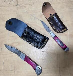 Custom Damascus Folding Pocket Knife, Dyed Wood Handle, Leather Sheath, ~3" Blade, Decorative Bolsters
