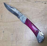 Custom Damascus Folding Pocket Knife, Dyed Wood Handle, Leather Sheath, ~3" Blade, Decorative Bolsters - 2