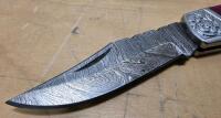 Custom Damascus Folding Pocket Knife, Dyed Wood Handle, Leather Sheath, ~3" Blade, Decorative Bolsters - 3