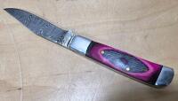 Custom Damascus Folding Pocket Knife, Dyed Wood Handle, Leather Sheath, ~3" Blade, Decorative Bolsters - 5