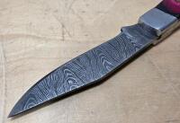 Custom Damascus Folding Pocket Knife, Dyed Wood Handle, Leather Sheath, ~3" Blade, Decorative Bolsters - 6