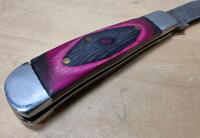 Custom Damascus Folding Pocket Knife, Dyed Wood Handle, Leather Sheath, ~3" Blade, Decorative Bolsters - 7