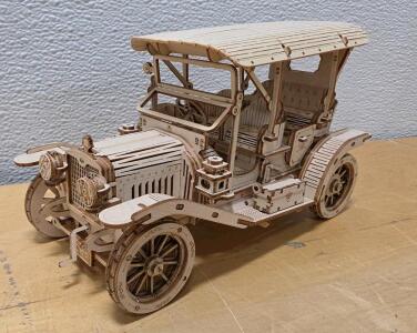 Laser-Cut Wooden Mechanical Model Car, Touring Car Style, 1:18 Scale