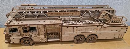 WoodTrick Rescue Firetruck 3D Wooden Model, Fully Assembled, Spring Motor, Extendable Ladder