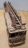 WoodTrick Rescue Firetruck 3D Wooden Model, Fully Assembled, Spring Motor, Extendable Ladder - 3