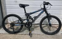Hyper Shocker 20" Kids' Full-Suspension Mountain Bike, 7-Speed, Black/Blue