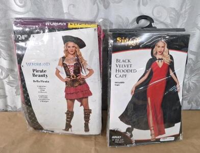 (1) Wonderland Pirate Beauty (Bella Pirata) Women's Costume, L/12-14 &(1) Spirit Halloween Adult Black Velvet Hooded Cape
