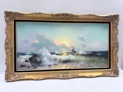 F. Gablin Signed Oil Seascape Painting, Ornate Gold Frame, Ship and Surf, 36"x24" (Est.)