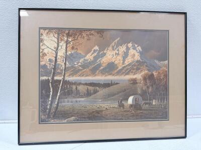 Framed Western Landscape Art Print with Cowboy, Sheep, and Wagon