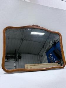Large Honey Brown Wood Framed Wall Mirror, Rectangular with Carved Crest, 44"x30", Horizontal Mount