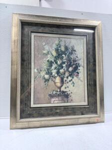 Large Framed Floral Still Life Print, Double Matting, Ornate Silver Frame, 34"x34"